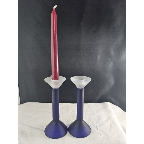 Frosted Cobalt Blue Candlesticks 7in vtg satin glass hourglass colorblock 2pc - Picture 4 of 12